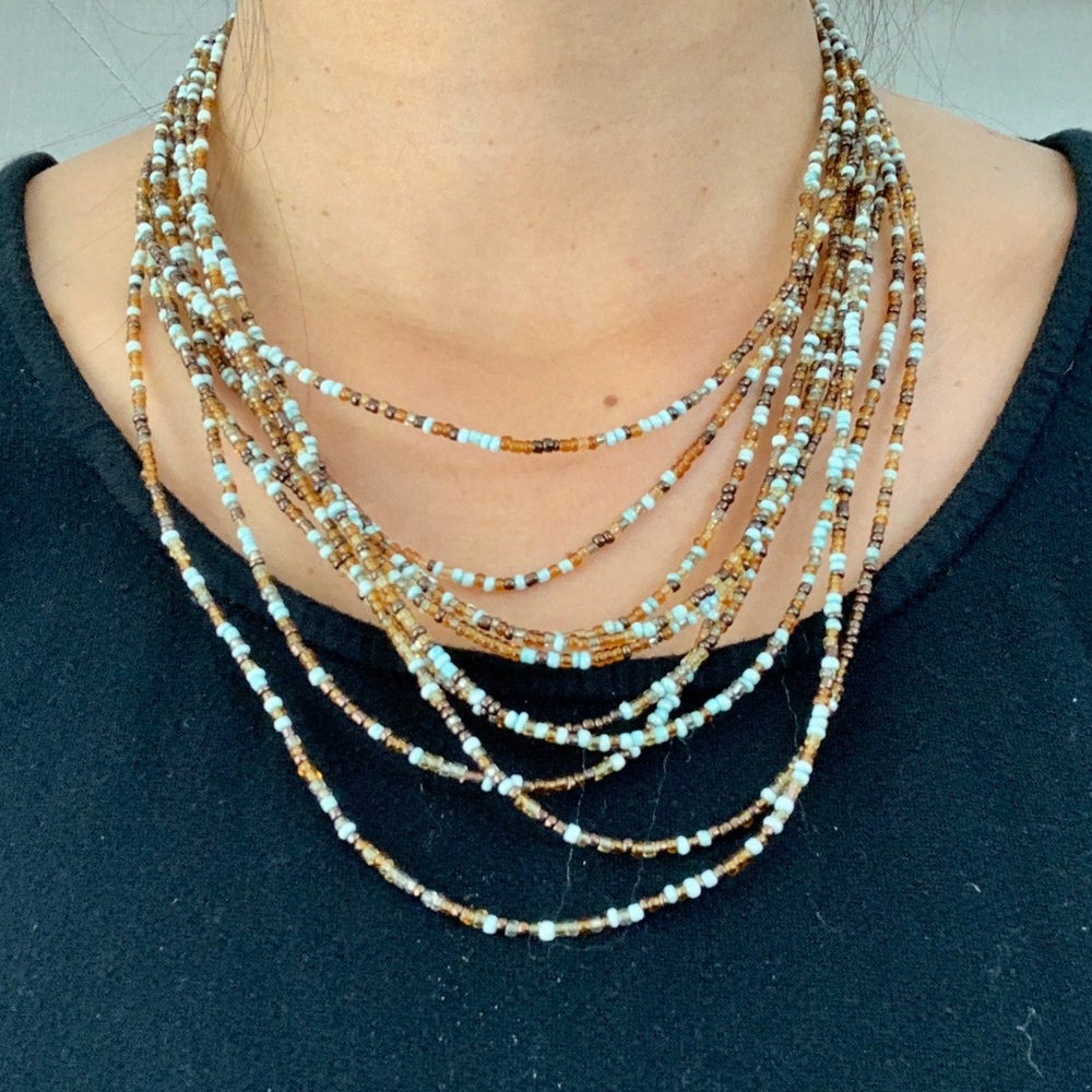 Multi Strand Bronze & Aqua Beaded Necklace